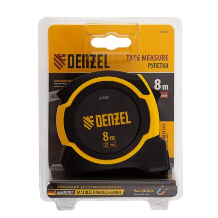 Рулетка Denzel 8м х 25мм, двухкомп. корпус, магнитный обрезиненный зацеп, 31533 купить в Когалыме