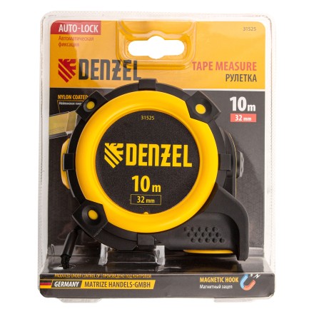 Рулетка Denzel 10м х 32мм, автоматич. фиксац., нейлон. покрытие, магнит. зацеп, двухстор. разметка, 31525 купить в Когалыме