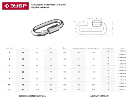 Карабин ЗУБР "МАСТЕР" винтовой с муфтой, оцинкованный, 10мм, 10 шт 4-304535-10 купить в Когалыме