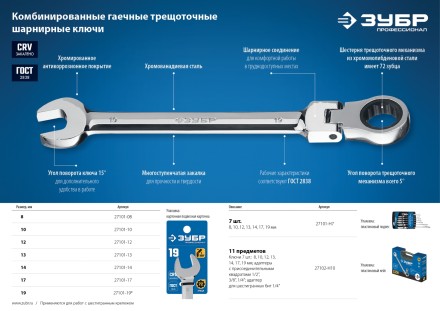 ЗУБР 12 мм, шарнирный трещоточный гаечный ключ, Профессионал (27101-12) купить в Когалыме