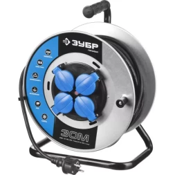 Удлинитель ЗУБР "ПРОФИ" на металл катушке, КГ 3х1,5кв мм, морозостойкий, 4 гнезда, IP44, макс мощность 3500Вт, 30м 55085-30