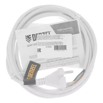Шнур сетевой Denzel Energy Series, ПВС, 3 м, 2 x 1 мм, с неразборной вилкой, белый, 3 м, 37664 купить в Когалыме
