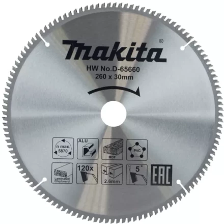 Диск пильный универсальный для алюминия/дерева/пластика Makita D-65660, 260x30x1.8 мм; 120 зубьев купить в Когалыме