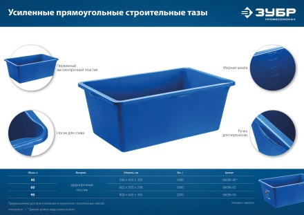 ЗУБР 60 л, первичный высокопрочный пластик, усиленный прямоугольный строительный таз (06096-65) купить в Когалыме