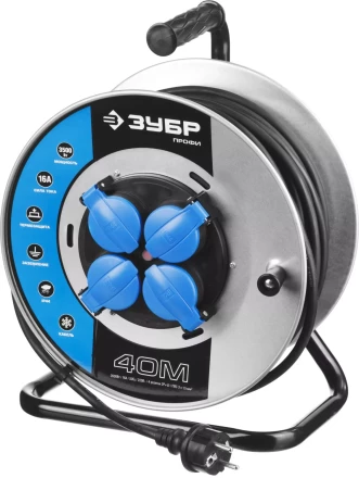 Удлинитель ЗУБР "ПРОФИ" на металл катушке, КГ 3х1,5кв мм, морозостойкий, 4 гнезда, IP44, макс мощность 3500Вт, 40м 55085-40 купить в Когалыме