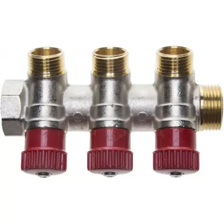 Коллектор GENERAL FITTINGS для горячей воды, вентили, никелированная латунь, вход 3/4" - 3 выхода 1/2" 51046-3/4-1/2-HT3 купить в Когалыме