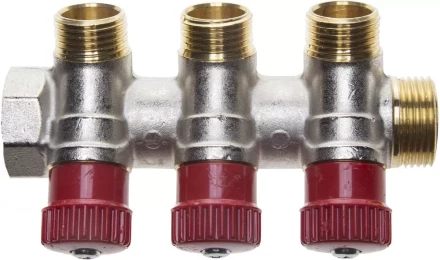 Коллектор GENERAL FITTINGS для горячей воды, вентили, никелированная латунь, вход 3/4" - 3 выхода 1/2" 51046-3/4-1/2-HT3 купить в Когалыме