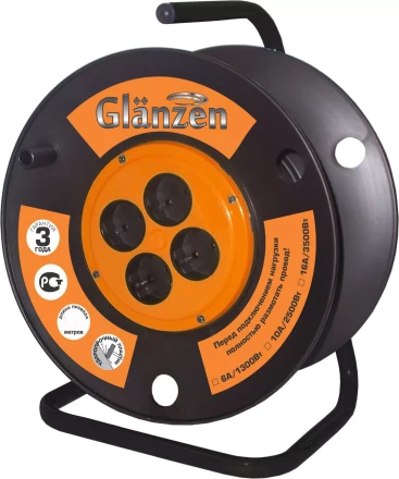 Катушка без провода GLANZEN 4 штепсельных гнезда с заземлением Ф300мм EK-00-300 купить в Когалыме