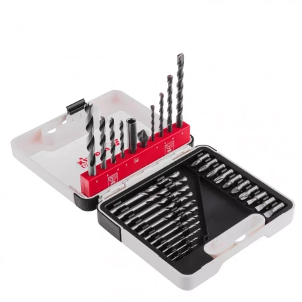 Набор сверл комбинированный сверла по металлу 1-6 мм бетону 4-8 мм дереву 4-8 мм биты 10 шт адаптер зенковка 31 предмет Pro Matrix 725631 купить в Когалыме