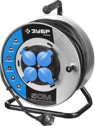 Удлинитель ЗУБР "ПРОФИ" на металл катушке, КГ 3х1,5кв мм, морозостойкий, 4 гнезда, IP44, макс мощность 3500Вт, 50м 55085-50 купить в Когалыме