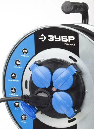 Удлинитель ЗУБР "ПРОФИ" на металл катушке, КГ 3х1,5кв мм, морозостойкий, 4 гнезда, IP44, макс мощность 3500Вт, 50м 55085-50 купить в Когалыме