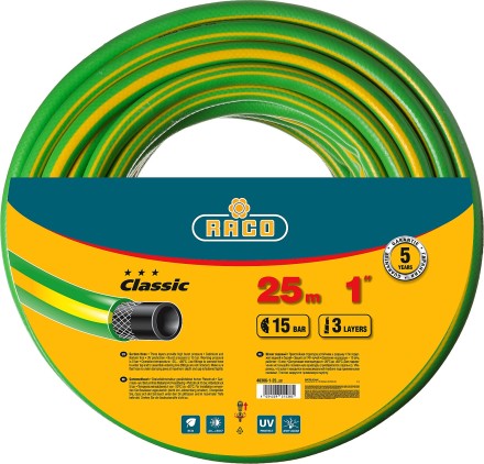 Шланг RACO &quot;CLASSIC&quot; поливочный, 15атм., армированный, 3-х слойный, 1&quot;х25м 40306-1-25 купить в Когалыме
