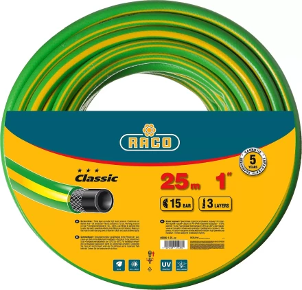 Шланг RACO "CLASSIC" поливочный, 15атм., армированный, 3-х слойный, 1"х25м 40306-1-25 купить в Когалыме