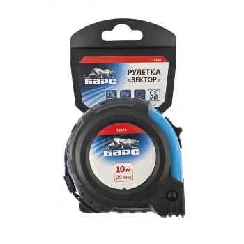 Рулетка Вектор 10 м х 25 мм, утолщенное полотно, магнитный зацеп, обрезиненный корпус  БАРС 32544 купить в Когалыме