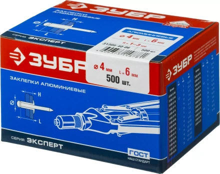 Заклепки ЗУБР алюминиевые, 4,0x 6мм, 500шт 31305-40-06 купить в Когалыме