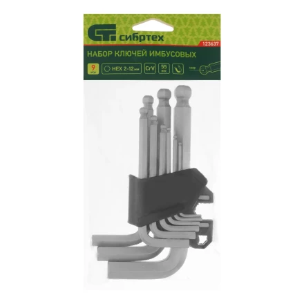 Набор ключей имбусовых, HEX, 2-12 мм, CrV, 9 шт., с шаром Сибртех 123637 купить в Когалыме