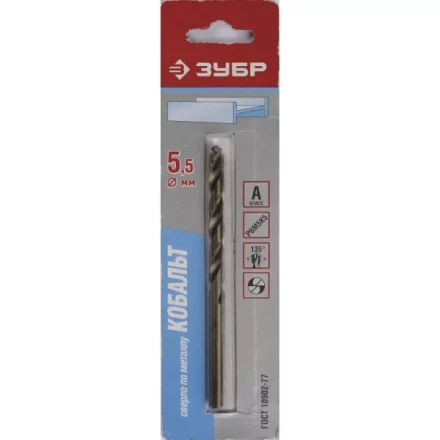Сверло ЗУБР "КОБАЛЬТ" по металлу, цилиндрический хвостовик, быстрорежущая сталь Р6М5К5, класс точности А1, 5,5х93мм, 1шт 4-29626-093-5.5 купить в Когалыме