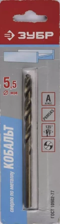 Сверло ЗУБР "КОБАЛЬТ" по металлу, цилиндрический хвостовик, быстрорежущая сталь Р6М5К5, класс точности А1, 5,5х93мм, 1шт 4-29626-093-5.5 купить в Когалыме