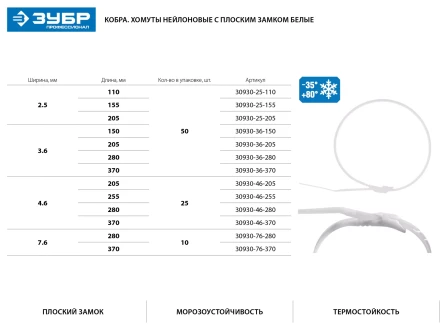 Кабельные стяжки белые КОБРА, с плоским замком, 4.6 х 280 мм, 25 шт, нейлоновые, ЗУБР 30930-46-280 купить в Когалыме