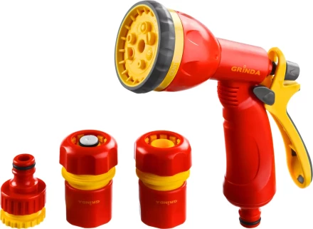 Набор GRINDA поливочный: Распылитель пистолетный 8 позиционный, соединитель 3/4", соединитель 3/4" с автостопом, адаптер внешний 1/2"-3/4" 8-427384_z02 купить в Когалыме
