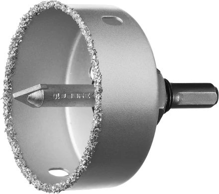 Коронка-чашка ЗУБР "ПРОФЕССИОНАЛ" c карбид-вольфрамовым нанесением, 76 мм, высота 25 мм, в сборе с державкой и сверлом 33360-076_z01 купить в Когалыме