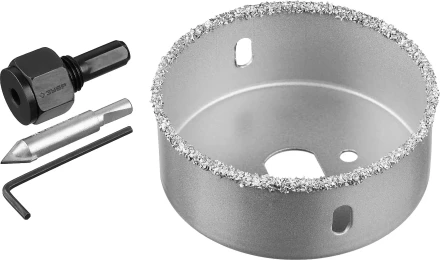 Коронка-чашка ЗУБР "ПРОФЕССИОНАЛ" c карбид-вольфрамовым нанесением, 76 мм, высота 25 мм, в сборе с державкой и сверлом 33360-076_z01 купить в Когалыме