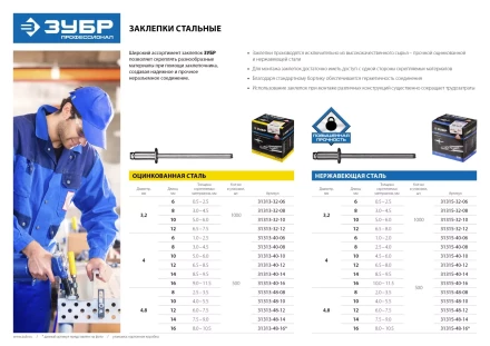 Заклепки ЗУБР стальные, 4,0x14мм, 500шт 31313-40-14 купить в Когалыме