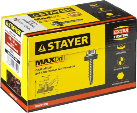 Саморезы СКД кровельные, RAL 3003 рубиново-красный, 51 х 4.8 мм, 250 шт, для деревянной обрешетки, STAYER 30305-48-051-3003 купить в Когалыме