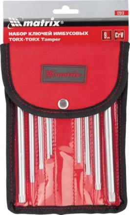 Набор ключей шестигранных имбусовых TORX-TORX Tamper, 9 шт:T10-T50, CrV,  удлиненные, сатин., чехол  MATRIX 12313 купить в Когалыме