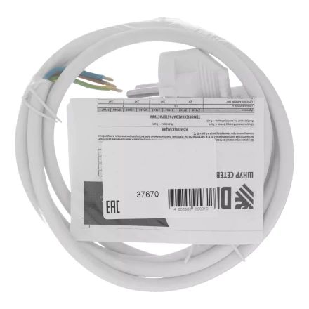 Шнур сетевой Denzel Energy Series, ПВС, 1,5 м, 3 x 1,5 мм, с неразборной вилкой, белый, 3 м, 37670 купить в Когалыме