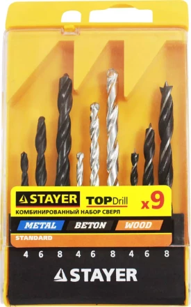 Набор STAYER "STANDARD": Сверла комбинированные, дерево (4-6-8мм), металл (4-6-8мм), бетон (4-6-8мм), 9 предметов 29720-H9 купить в Когалыме