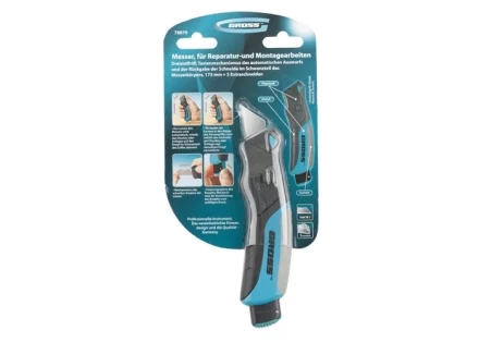 Нож ремонтно-монтажный, трехкомпонентная рукоятка, кнопочный авто выброс/возврат лезвия, 175 мм + 5 з.л GROSS 78879 купить в Когалыме