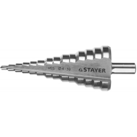 Сверло STAYER &quot;MASTER&quot; ступенчатое по сталям и цвет.мет., сталь HSS, d=4- 39мм,14ступ.d4-39,L -113 мм, трехгран.хв. 10мм 29660-4-39-14 купить в Когалыме