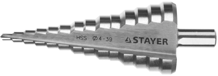 Сверло STAYER "MASTER" ступенчатое по сталям и цвет.мет., сталь HSS, d=4- 39мм,14ступ.d4-39,L -113 мм, трехгран.хв. 10мм 29660-4-39-14 купить в Когалыме