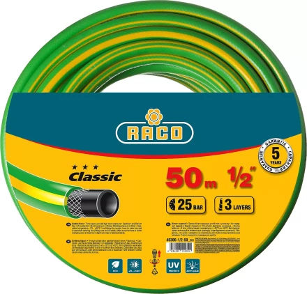 Шланг RACO CLASSIC поливочный, 25атм., армированный, 3-х слойный, 1/2"х50м 40306-1/2-50_z01 купить в Когалыме