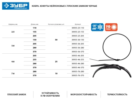 Кабельные стяжки черные КОБРА, с плоским замком, 3.6 х 205 мм, 50 шт, нейлоновые, ЗУБР 30935-36-205 купить в Когалыме