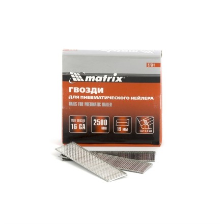 Гвозди 16GA для пневм. нейлера сечение 1,6х1,4 длина 19 мм 2500 шт MATRIX 57601 купить в Когалыме