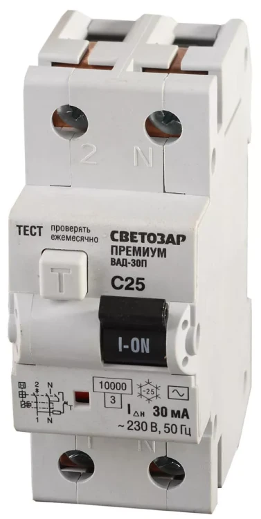Выключатель дифф. автоматический СВЕТОЗАР "ПРЕМИУМ", 2-полюсный, 25 A, "C", "AC", откл.диф.ток. 30 мА, 230 / 400 В SV-49212-30-25-C купить в Когалыме