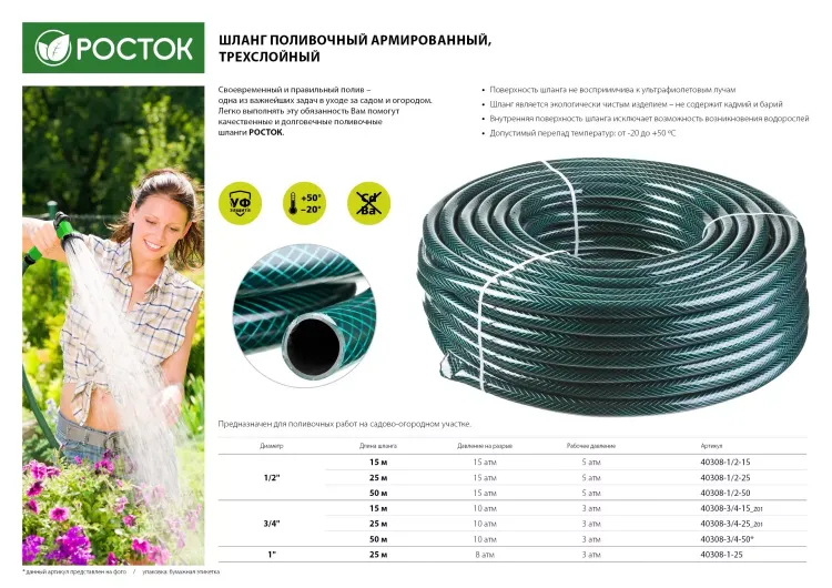Шланг РОСТОК КЛАССИК поливочный, 10 атм., армированный, 3-х слойный, 3/4"x25м 40308-3/4-25_z01 купить в Когалыме