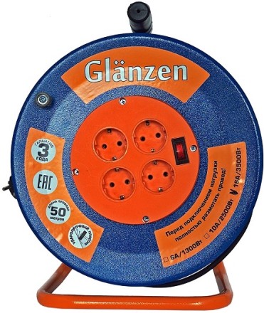 Удлинитель силовой на катушке GLANZEN 4 гн. КГ 3х2,5 ЕВ-50-010 купить в Когалыме