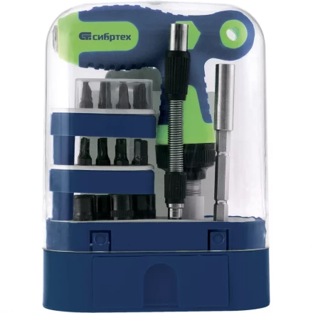 Отвертка Т-образная реверсивная с набором бит торцевых головок 33 предмета CrV Сибртех артикул 13382 купить в Когалыме