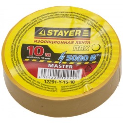 Изолента, STAYER Master 12291-Y-15-10, ПВХ, 5000 В, 15мм х 10м, желтая 12291-Y-15-10