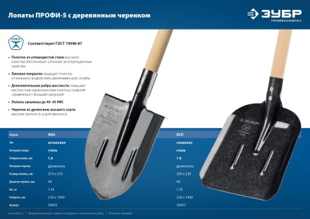 ЗУБР ПРОФИ-5 375х210х1450мм, полотно рессор.сталь 1.6мм закалено, c ребрами жесткости, черенок высш.сорт, тип ЛКО, штык. лопата, Профессионал (39455) купить в Когалыме