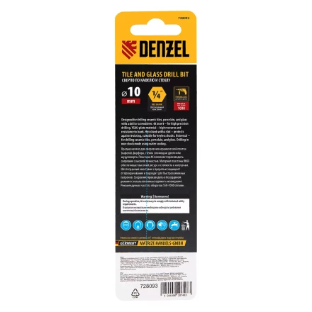 Сверло по керамической плитке Denzel 10 мм, крестовая пластина, шестигранный хвостовик, 728093 купить в Когалыме