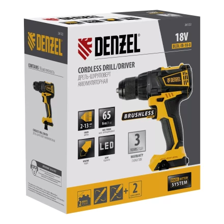 Дрель-шуруповерт аккумуляторная, бесщет. Denzel BLDL-IB-18-0, Li-Ion, 18 В 26122 купить в Когалыме