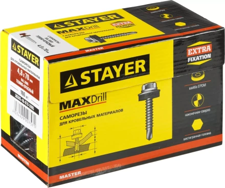 Саморезы СКД кровельные, RAL 3005 темно-красный, 70 х 4.8 мм, 160 шт, для деревянной обрешетки, STAYER 30305-48-070-3005 купить в Когалыме