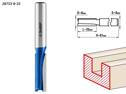ЗУБР 8 x 25 мм, хвостовик 8 мм, фреза пазовая прямая, Профессионал (28753-8-25) купить в Когалыме