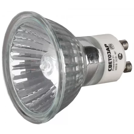 Лампа галогенная СВЕТОЗАР с защитным стеклом, алюм. отражатель, цоколь GU10, диаметр 51мм, 50Вт, 220В SV-44825 купить в Когалыме