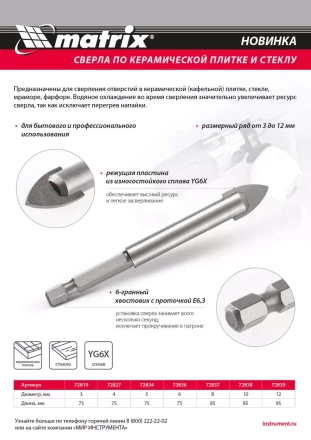 Сверло по керамической плитке и стеклу, 8 мм, шестигранный хвостовик Matrix 72837 купить в Когалыме