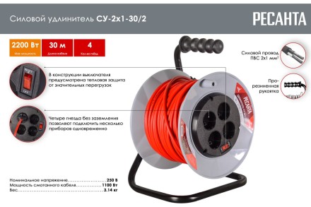 Удлинитель силовой на катушке Ресанта СУ-2х1-30/2 (с выкл., 4 розетки) 61/118/4 купить в Когалыме